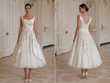 Abito da sposa lunghezza tè con corpetto in raso