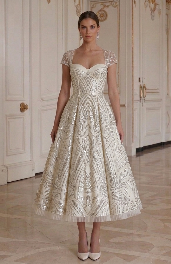 Tea Length Wedding Dress With Sequin Detail Bridal