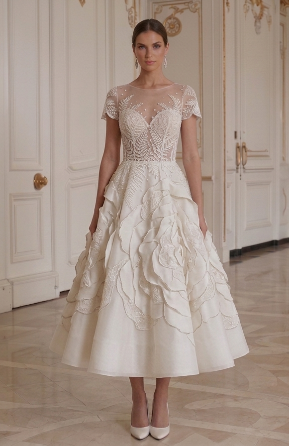 Tea Length Wedding Dress With Short Sleeves Bridal