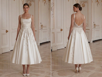 Brautkleid in Tea-Länge aus weichem Satinstoff