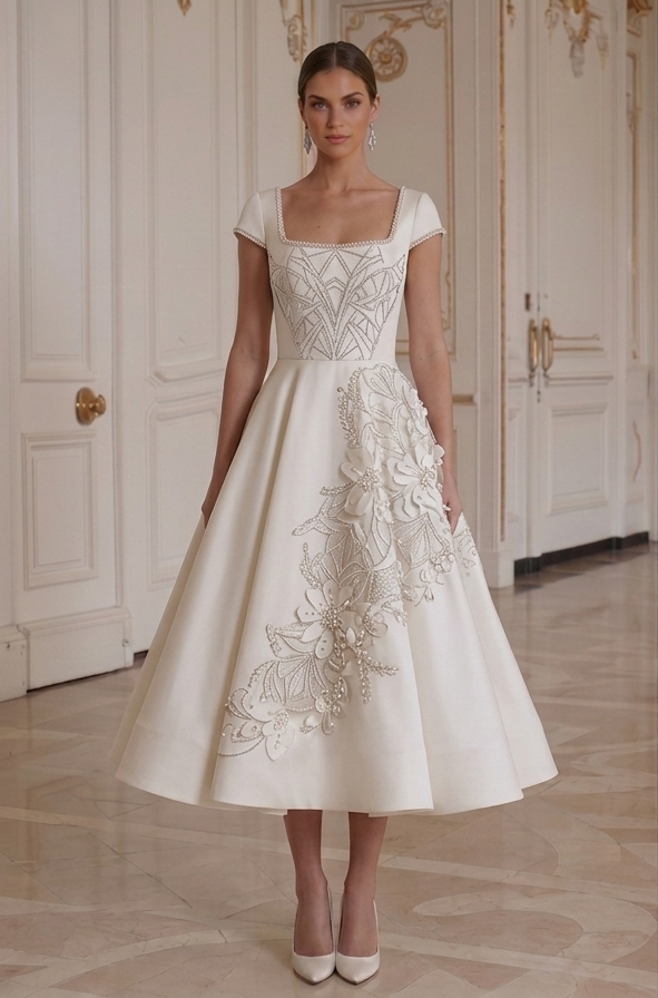 Tea Length Wedding Dress With Square Neck Bridal