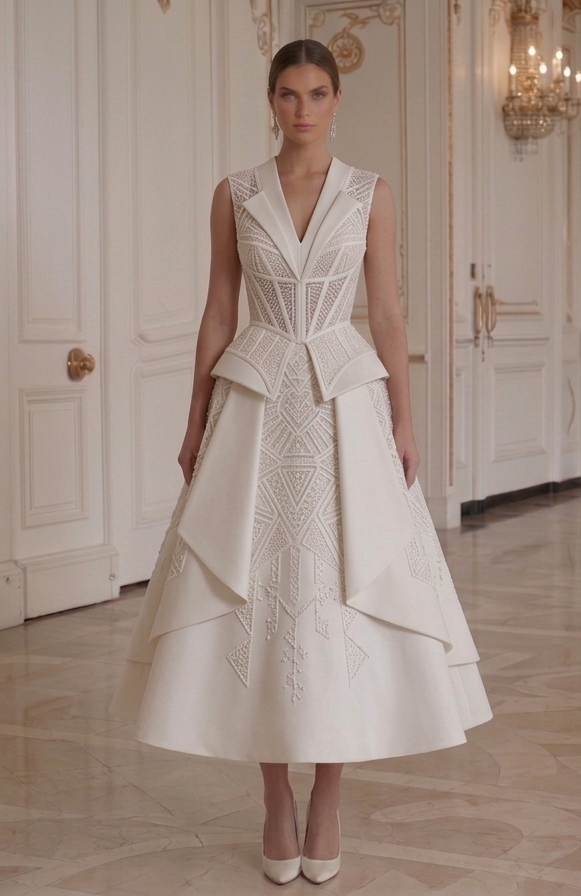 Tea Length Wedding Dress With Structured Waist Bridal