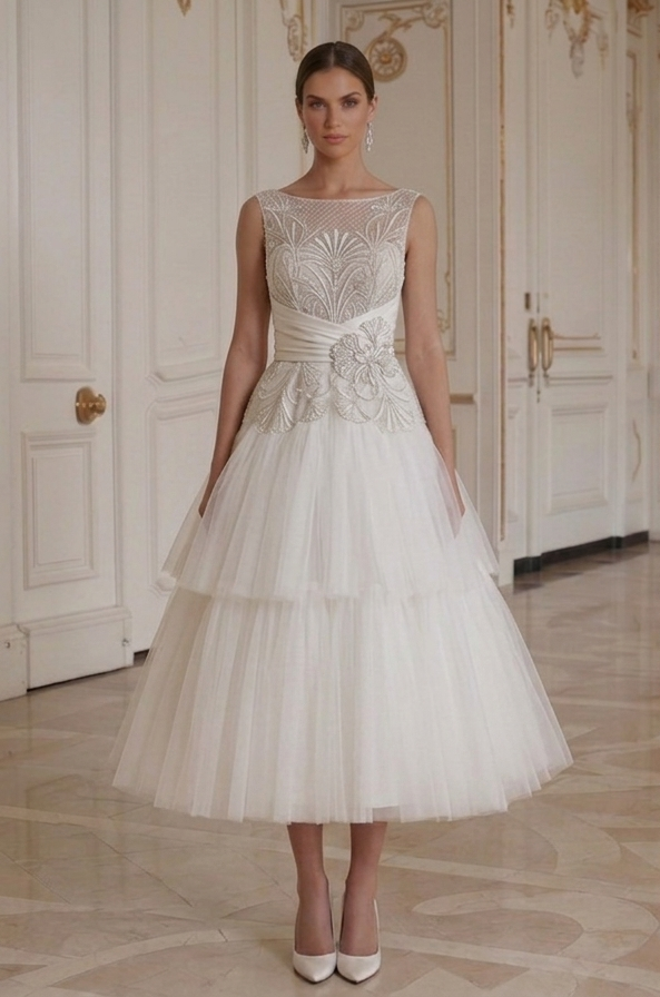 Tea Length Wedding Dress With Tulle Skirt Bridal