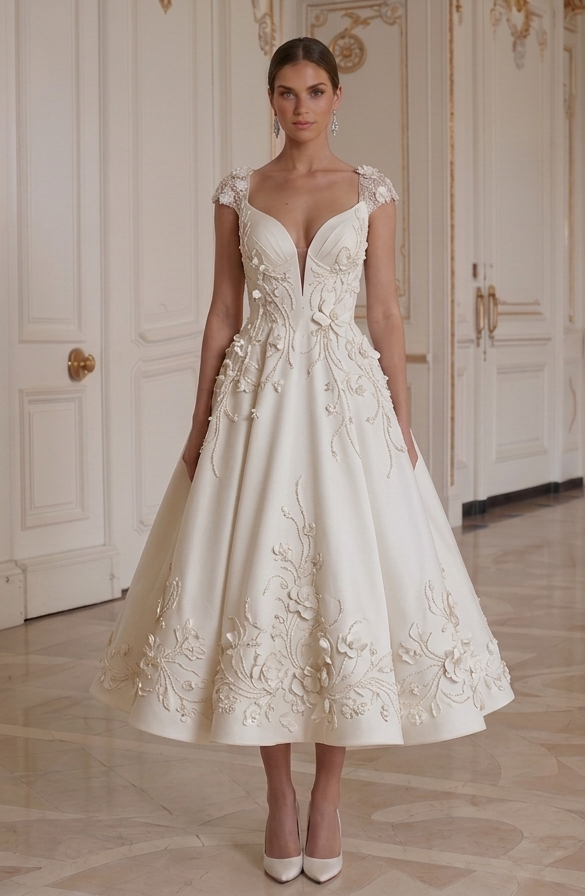 Tea Length Wedding Dress With V Neck Bridal Style