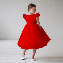 VOGUEON New Fashion Girls Solid Color Flying Sleeve Mesh Tutu Ball Gown Kids Birthday Wedding Party Elegant Evening Dress 2-10Y Sarah Houston