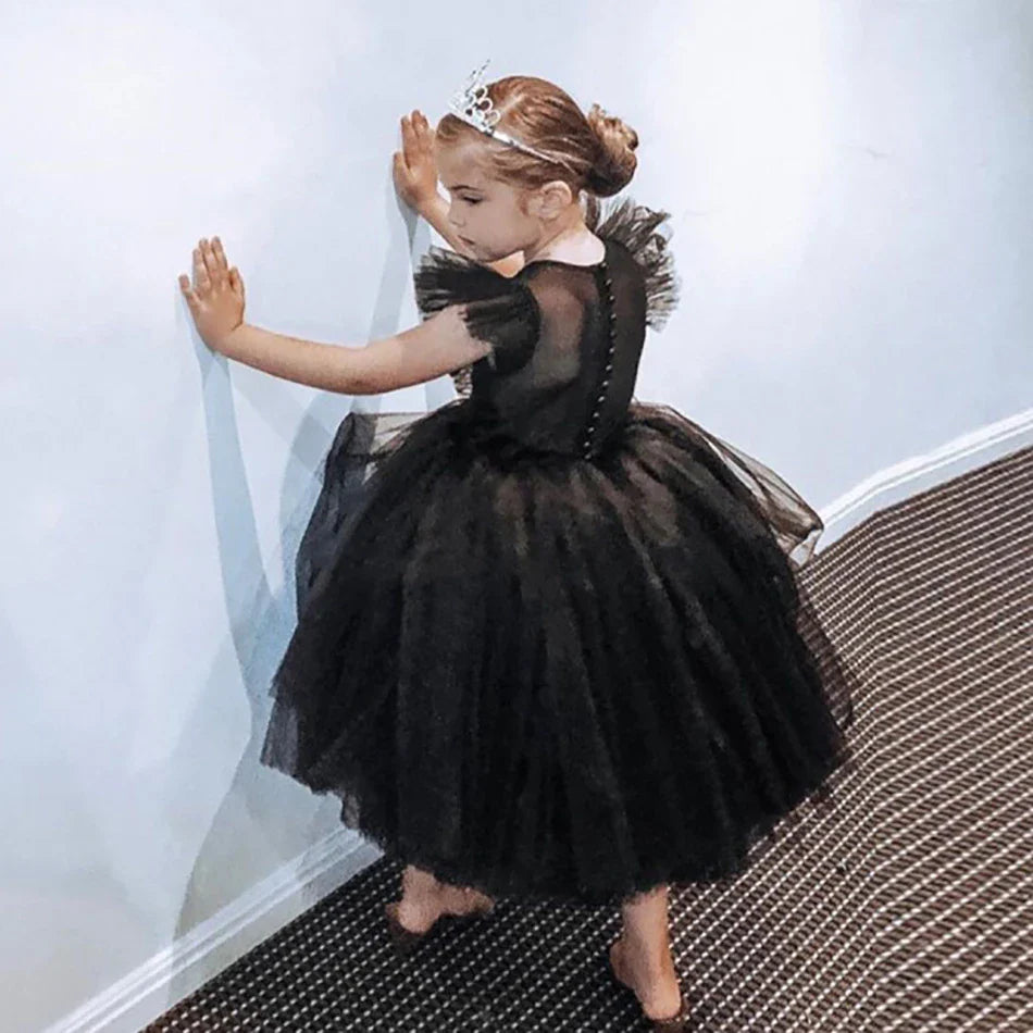 VOGUEON New Fashion Girls Solid Color Flying Sleeve Mesh Tutu Ball Gown Kids Birthday Wedding Party Elegant Evening Dress 2-10Y Sarah Houston