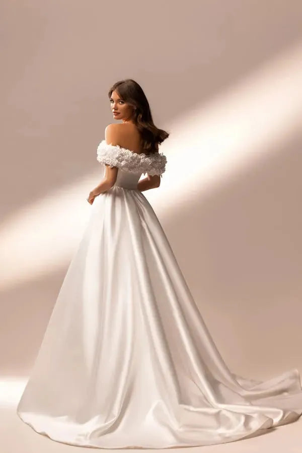 Wedding Dress Satin Off-the-shoulder A-Line Short Sleeve Floor-Length Elegant Exquisite Morden style Luxury