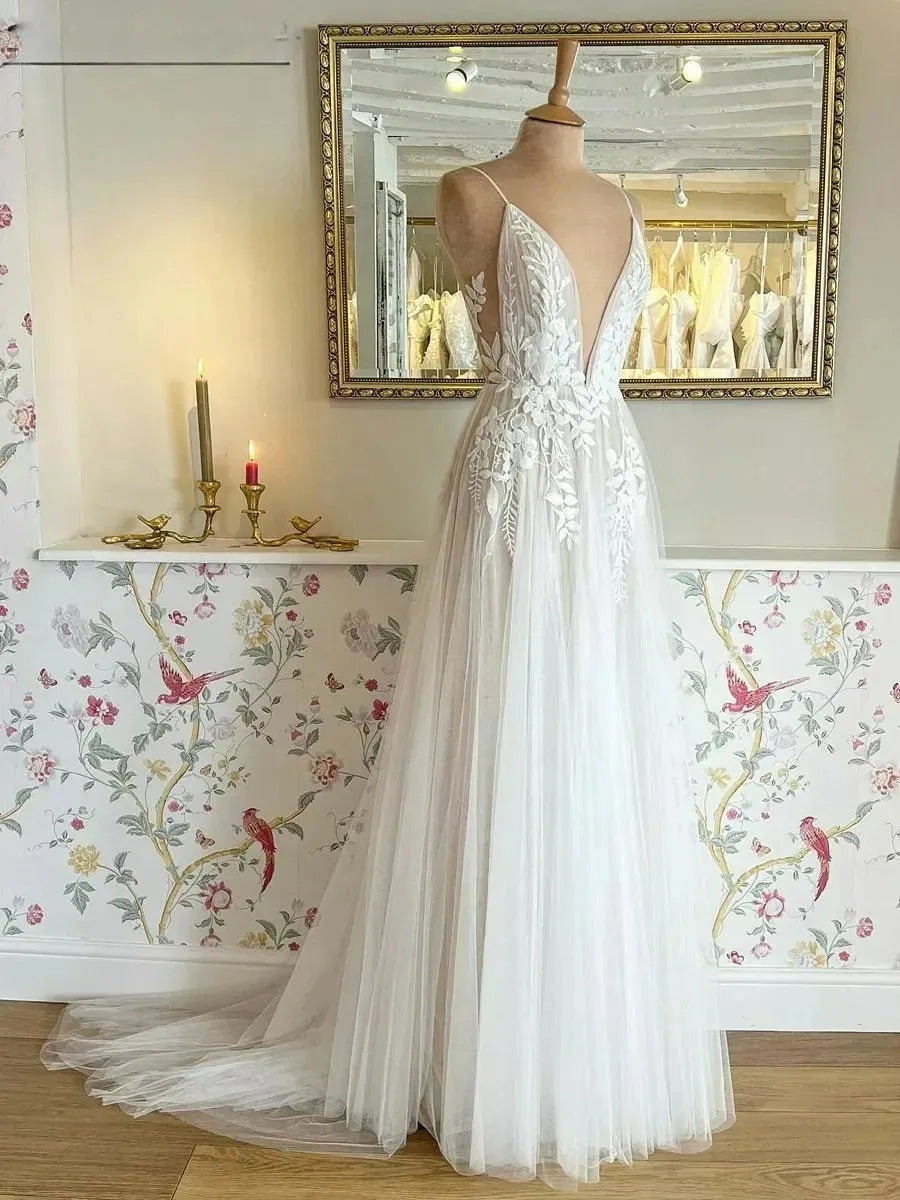 Lakshmigown Bohemian Bridal Dress For Wedding Sukienki Plunging Champagne Tulle Long Beach Wedding Dresses Open Back pic color