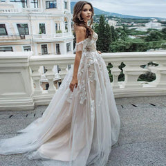 Champagne Boho Abito da sposa Appliques in pizzo Tulle Abiti da sposa in spiaggia senza spalla da spalla Princess Bridal Dress