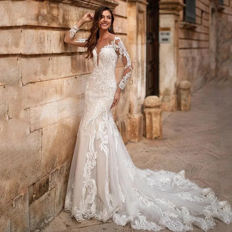 Glamorous Straps V-Neck Mermaid Wedding Dress with Appliques main image 1