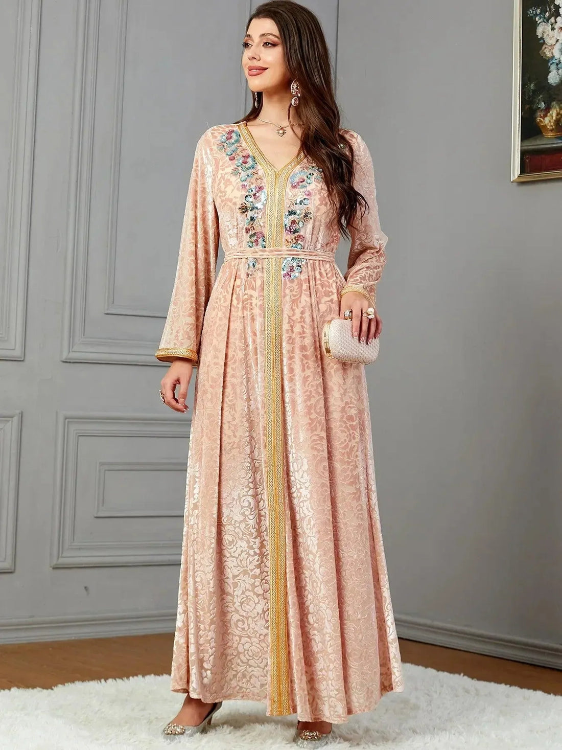 Dubai Autumn Winter Velvet Sequins Belted Evening Party Dress Jalabiyat Moroccan Caftan For Women Saudi Muslim Gown Pink Dress