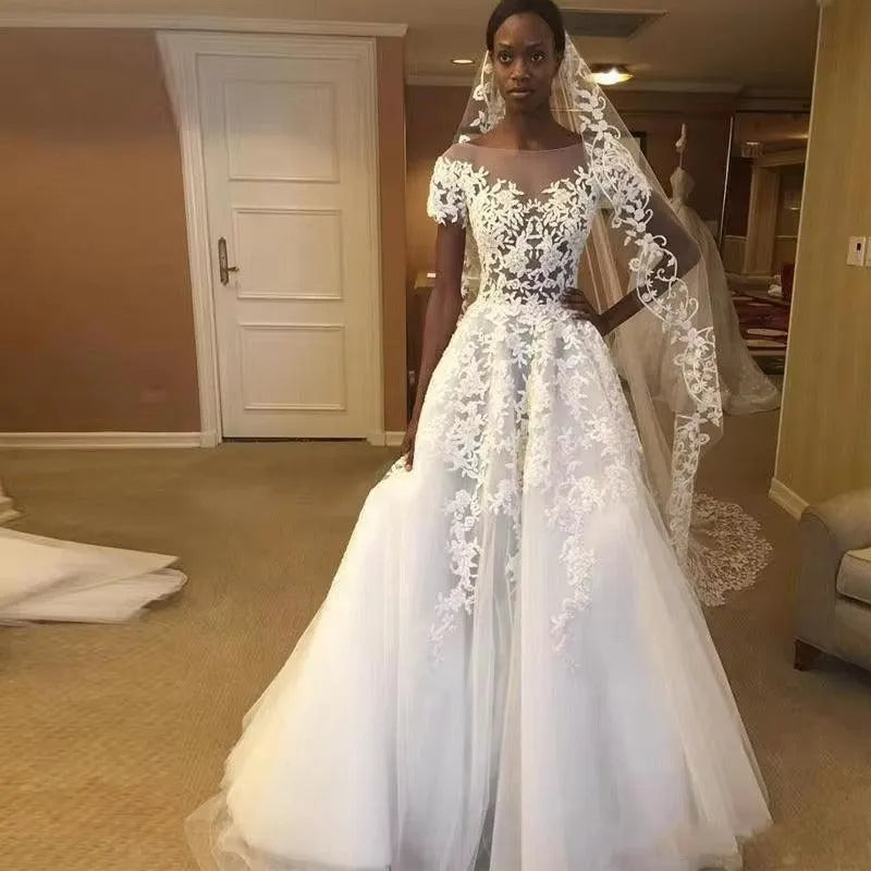 Vintage African Lace Wedding Dresses vestido de noiva Black Girls Women A Line Sheer Wedding Gowns Custom Made Bride Dress