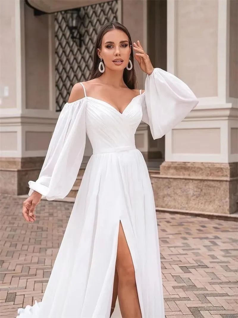 Vintage V-Neck Simple A-Line Wedding Dresses Off the Shoulder Long Puff Sleeves Bridal Gowns Vestido De Novia Ivory 26W