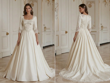 Vintage brudekjole med kapell-slep, elegant brudekjole