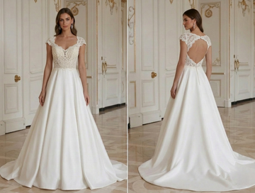 Robe de Mariée Vintage avec Manches Courtes en Dentelle