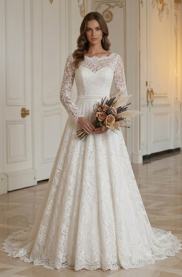Vintage Hochzeitskleid mit Spitzenärmeln, romantisch