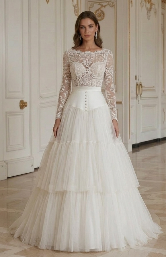 Rochie de mireasă vintage cu straturi moi de tul