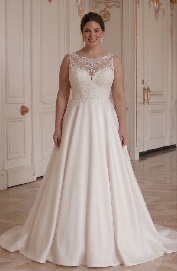 Brautkleid für Plus-Size-Braut mit Spitzen-Illusions-Ausschnitt