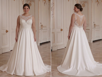 Vestido de novia para novia talla grande con escote ilusión de encaje
