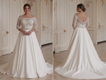 Vestido de novia con corsé de encaje con cuentas para figuras nupciales curvilíneas