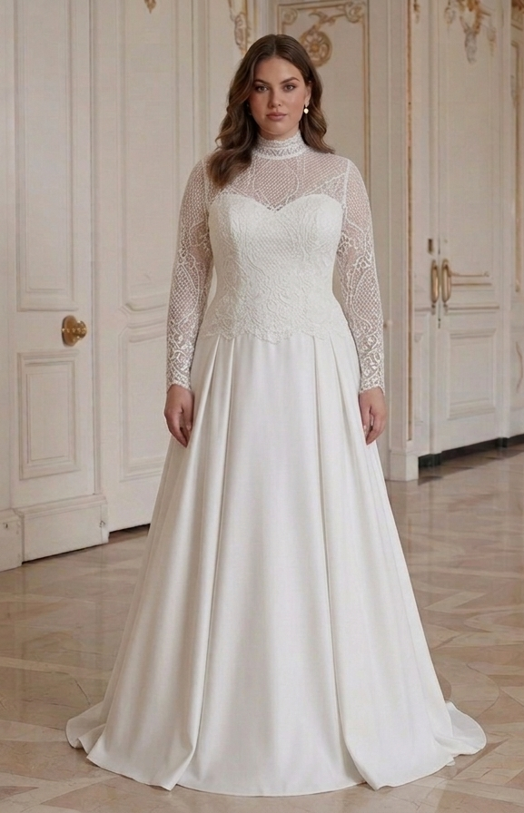 Wedding Dress With High Neck Design For Plus Size Brides Modest Style