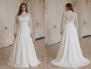 Rochie de mireasă cu design cu guler înalt pentru mirese plus size, stil modest