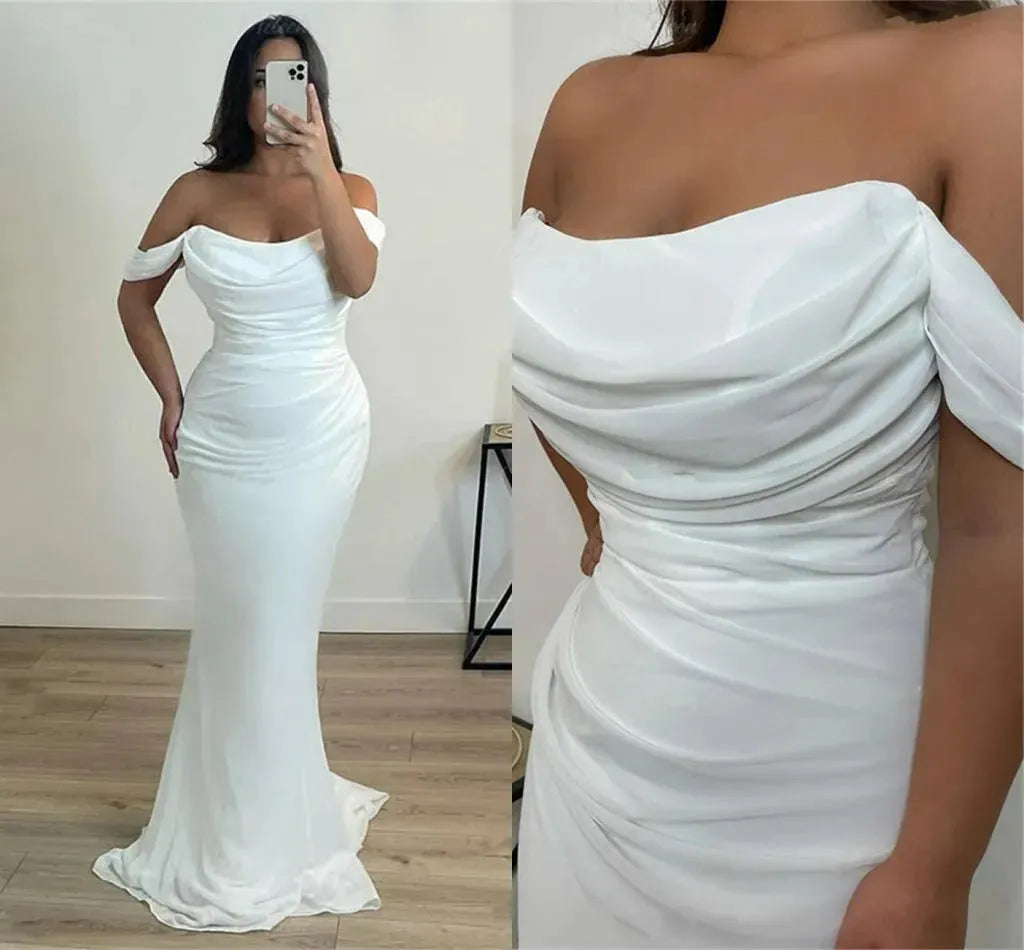 Arabic Evening Dresses for Wedding Party Off the Shoulder White Pleats Chiffon Mermaid Formal Celebrity Prom Gowns wedding dress