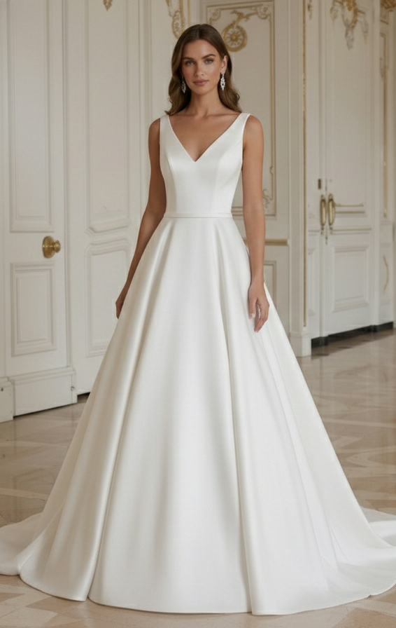 White A-Line Wedding Dress Satin Traditional Bridal