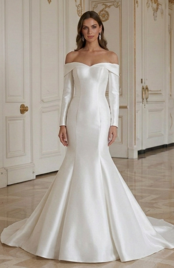 Weißes Meerjungfrau-Brautkleid Satin Traditionell