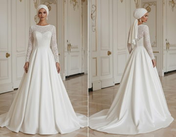 Valkoinen muslimihääpuku satiinilla elegantti