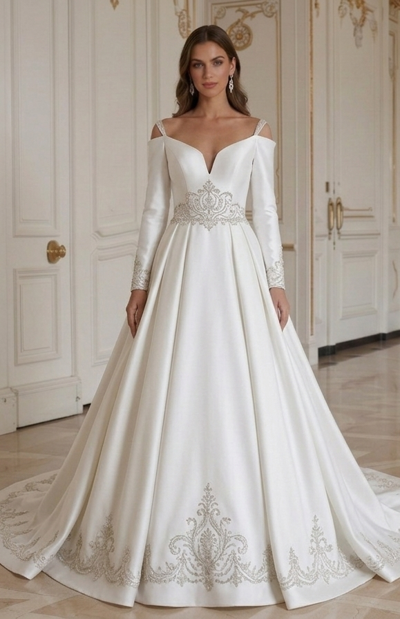 White Princess Wedding Dress Satin Royal Bridal
