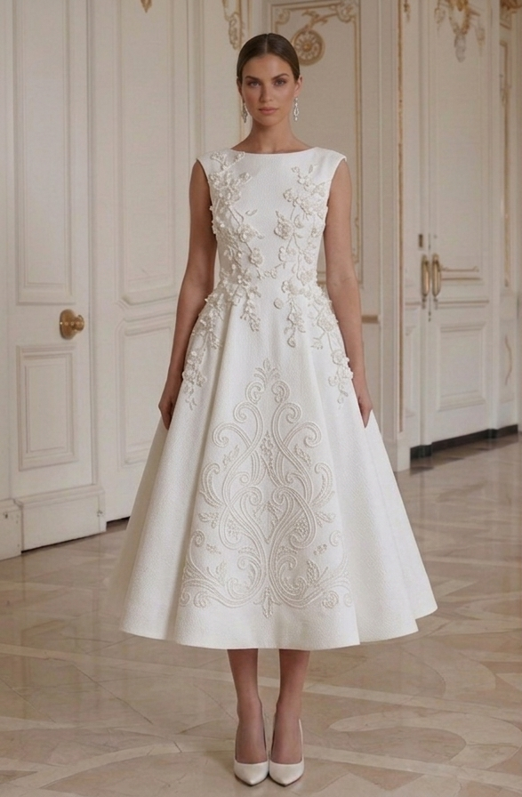 Weißes Tee-Längen-Hochzeitskleid Zeitloses Brautkleid
