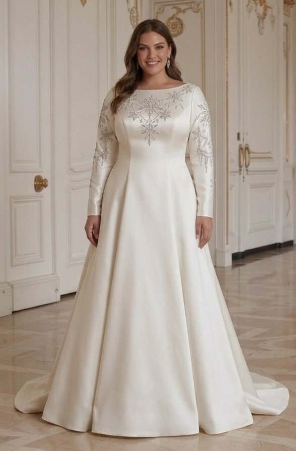 Winter Wedding Dress For Plus Size Bride Long Sleeve Satin Bridal