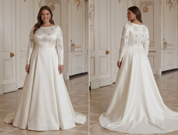 Winter Wedding Dress For Plus Size Bride Long Sleeve Satin Bridal