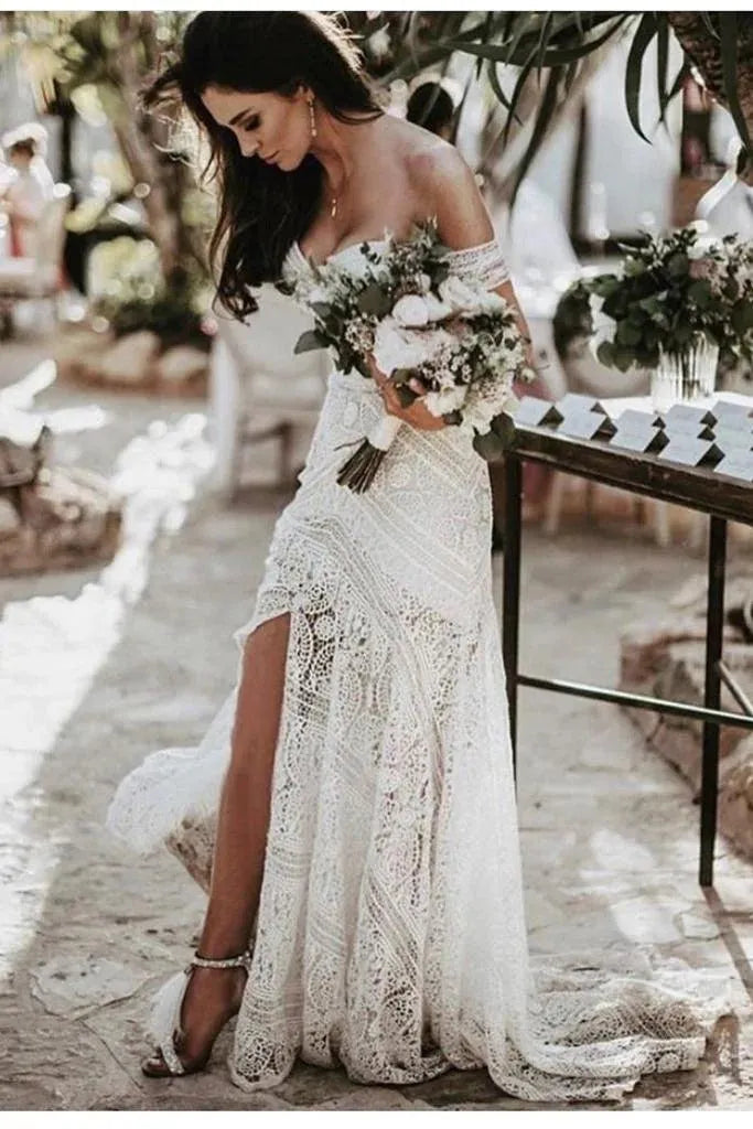 Boho Mermaid Lace Wedding Dresses Off the Shoulder Bridal Gowns Long Beach Wedding Gowns For Bride vestido de novia Same As Picture Floor Length Boho Mermaid