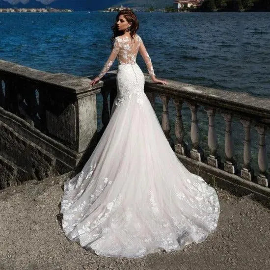 Long Sleeves Mermaid Wedding Dresses Lace Applique Scoop Neck Bridal Gowns Sweep Train Vestidos De Novia Custom 14W Mermaid