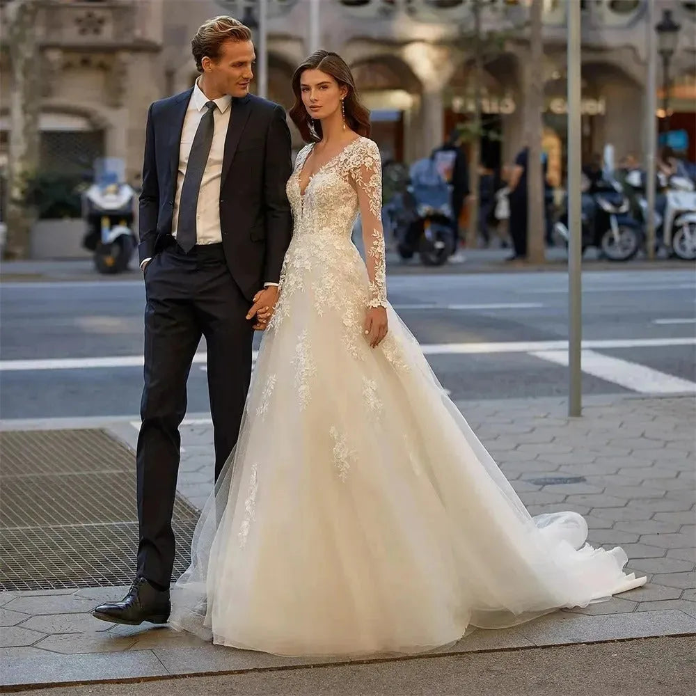 Luxury A Line V Neck Wedding Dresses For Women Long Sleeves Bridal Gowns Appliques Button Back Vestido De Novia