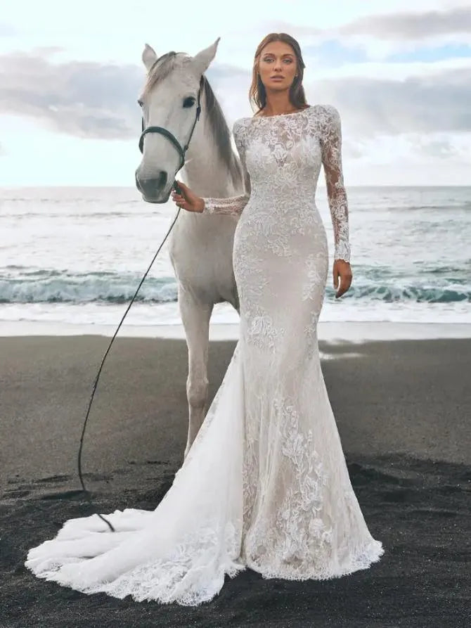 Sexy Lace Bodycon Mermaid Wedding Dresses Backless Long Sleeves Elegant Boho Bridal Gowns Custom Color robe de mariée Boho Mermaid