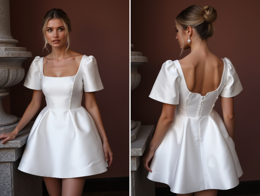 Elegant Short Wedding Dress and Mini Dress with a Square Neckline for a Classic Feel