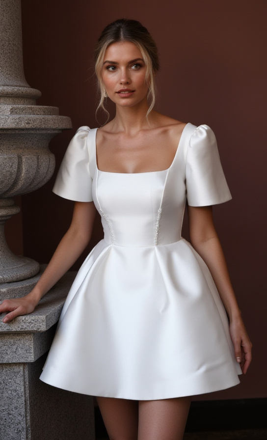 Elegant Short Wedding Dress and Mini Dress with a Square Neckline for a Classic Feel