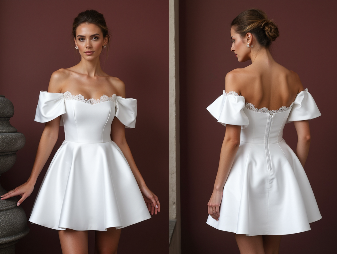 Playful Short Wedding Dress and Mini Dress with a Ruffled Neckline for a Unique Style