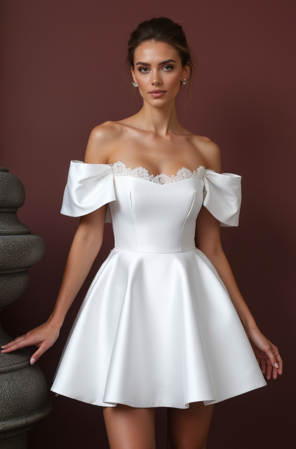 Playful Short Wedding Dress and Mini Dress with a Ruffled Neckline for a Unique Style