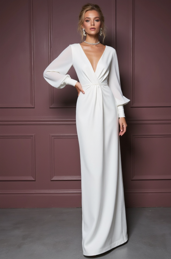 White Romantic A-Line Wedding Gown with Long Lace Sleeves for a Vintage Vibe