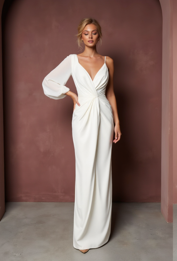 A-Line White Gown with Cap Sleeves for a Subtle and Elegant Bridal Look