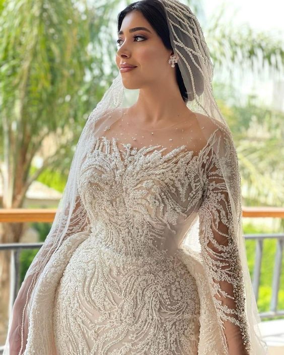 Illusion Long Sleeve Wedding Gown Beaded Mermaid Bride Dresses For Women 2024 Luxury Sequins Wedding Dress  Vestidos De Novia