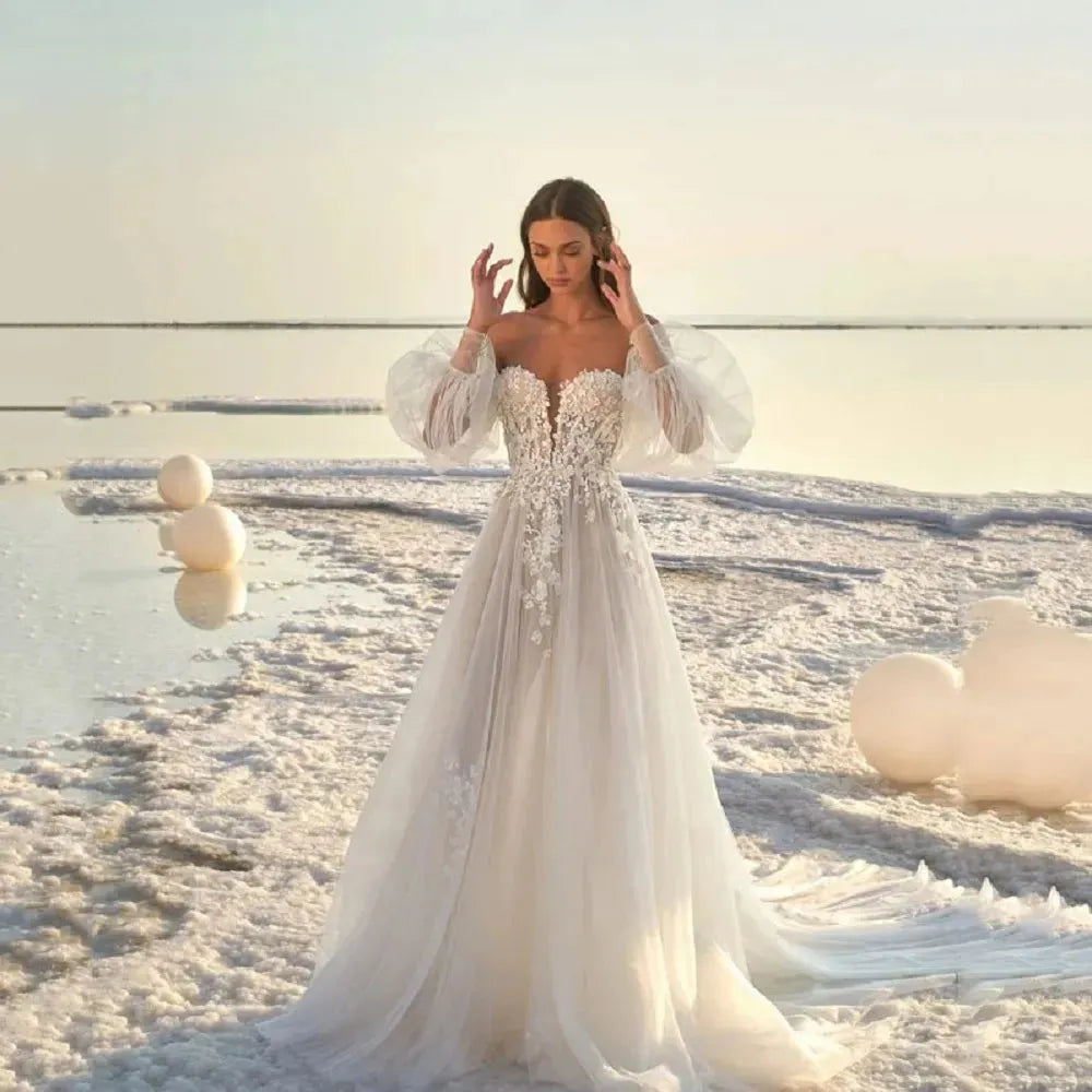 Bohemian Wedding Dresses Women's Elegant Bubble Sleeve Applique Sexy Open Back Bridal Gowns Formal Beach Formal Beach Party