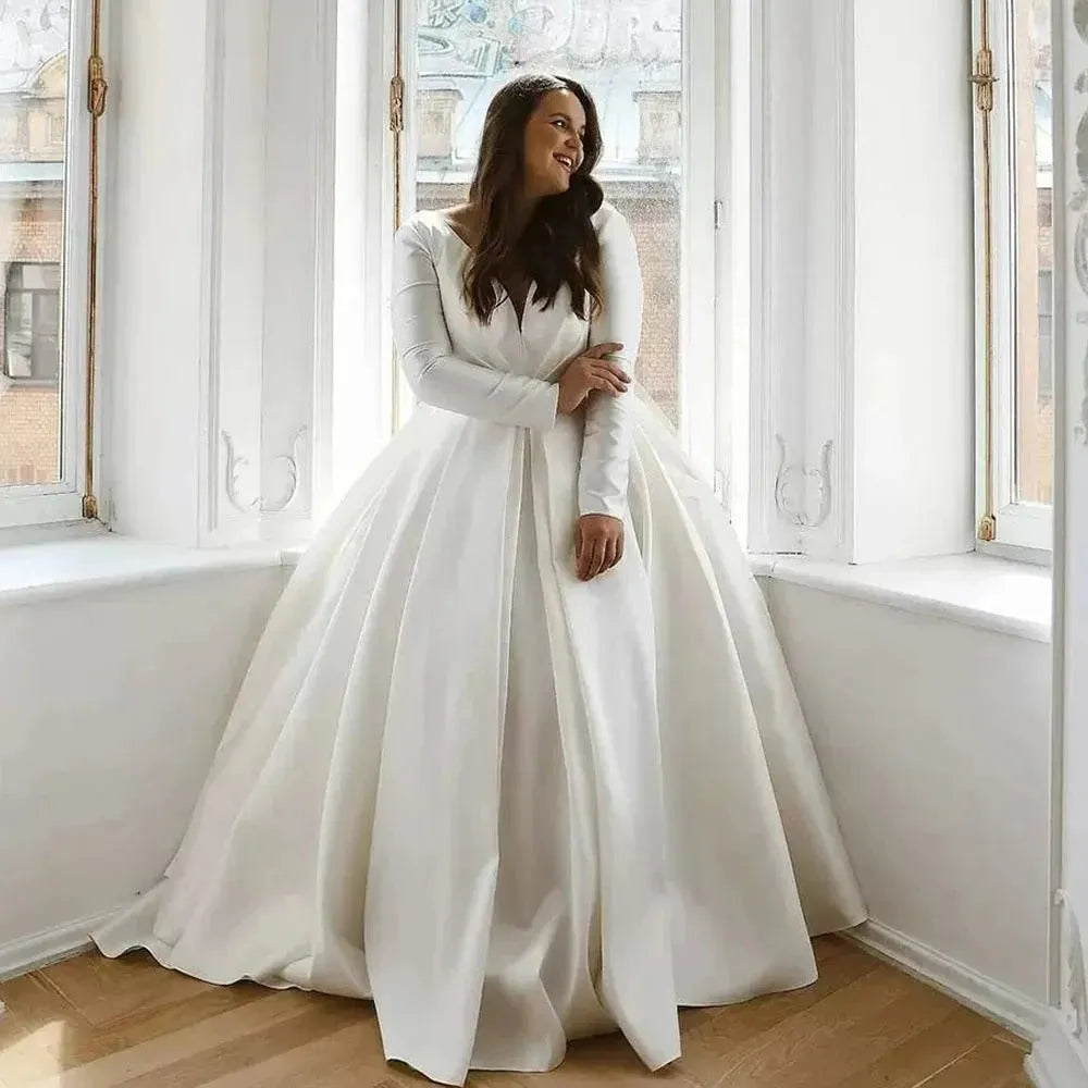 Full Sleeves V-Neck Wedding Dresses Plus Size Simple A-Line Satin Bridal Gowns For Woman Sexy Classic Vestido De Mariages Champagne Plus Size