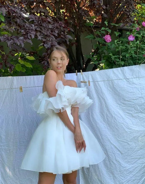 Magic Awn Short Boho Wedding Dresses Off The Shoulder Tiered Ruffles Puffy Mini Wedding Party Gowns For Bride Robes De Mariage Boho
