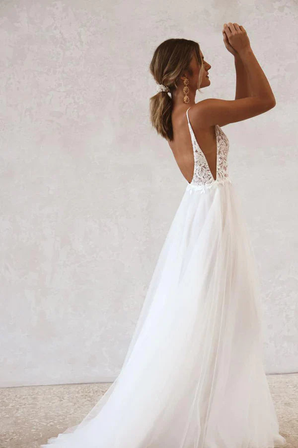 Vestido Boho Bridal Wedding Dress Summer Beach Backless Sexy Mariage Tulle Receipt Party Gowns Lace Spaghetti Straps