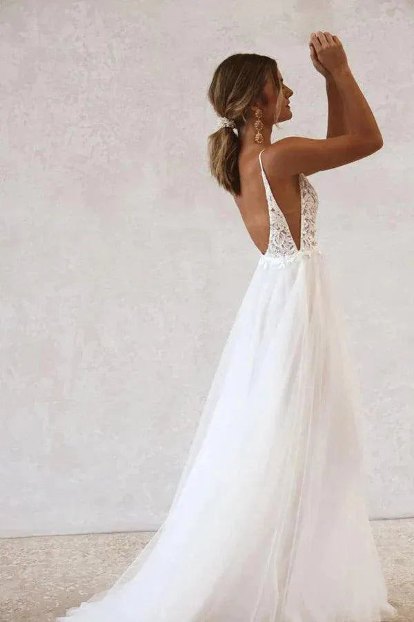 Vestido Boho Bridal Wedding Dress Summer Beach Backless Sexy Mariage Tulle Receipt Party Gowns Lace Spaghetti Straps Ivory Boho